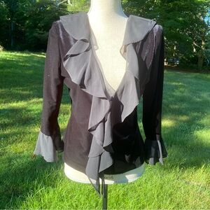 XSCAPE CARDIGAN JACKET COAT BLACK VELVET SHEER ACCENT 3/4 SLEEVE SIZE S